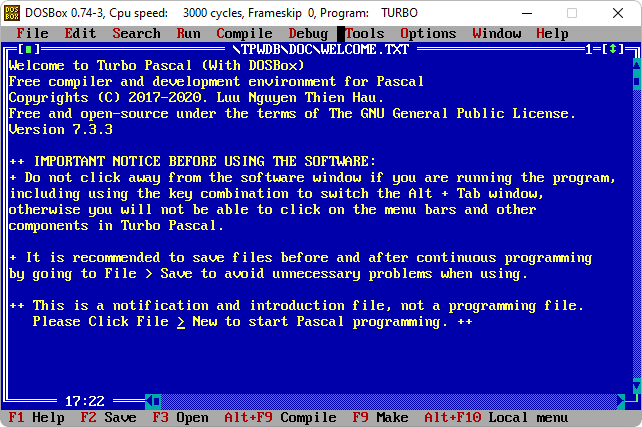 Turbo Pascal screenshot on DOSbox